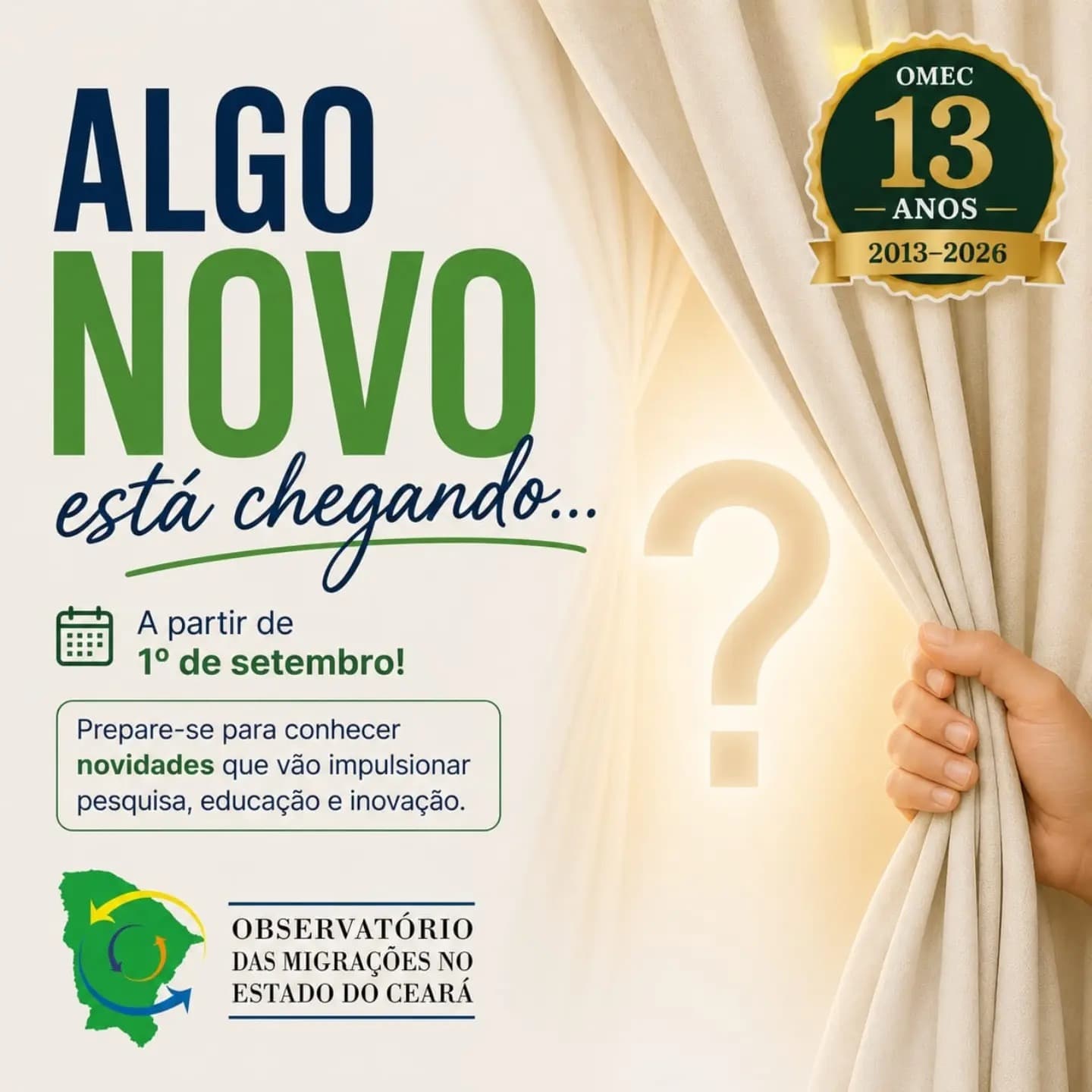 Arte de anúncio dos 13 anos do OMEC com a frase Algo novo está chegando